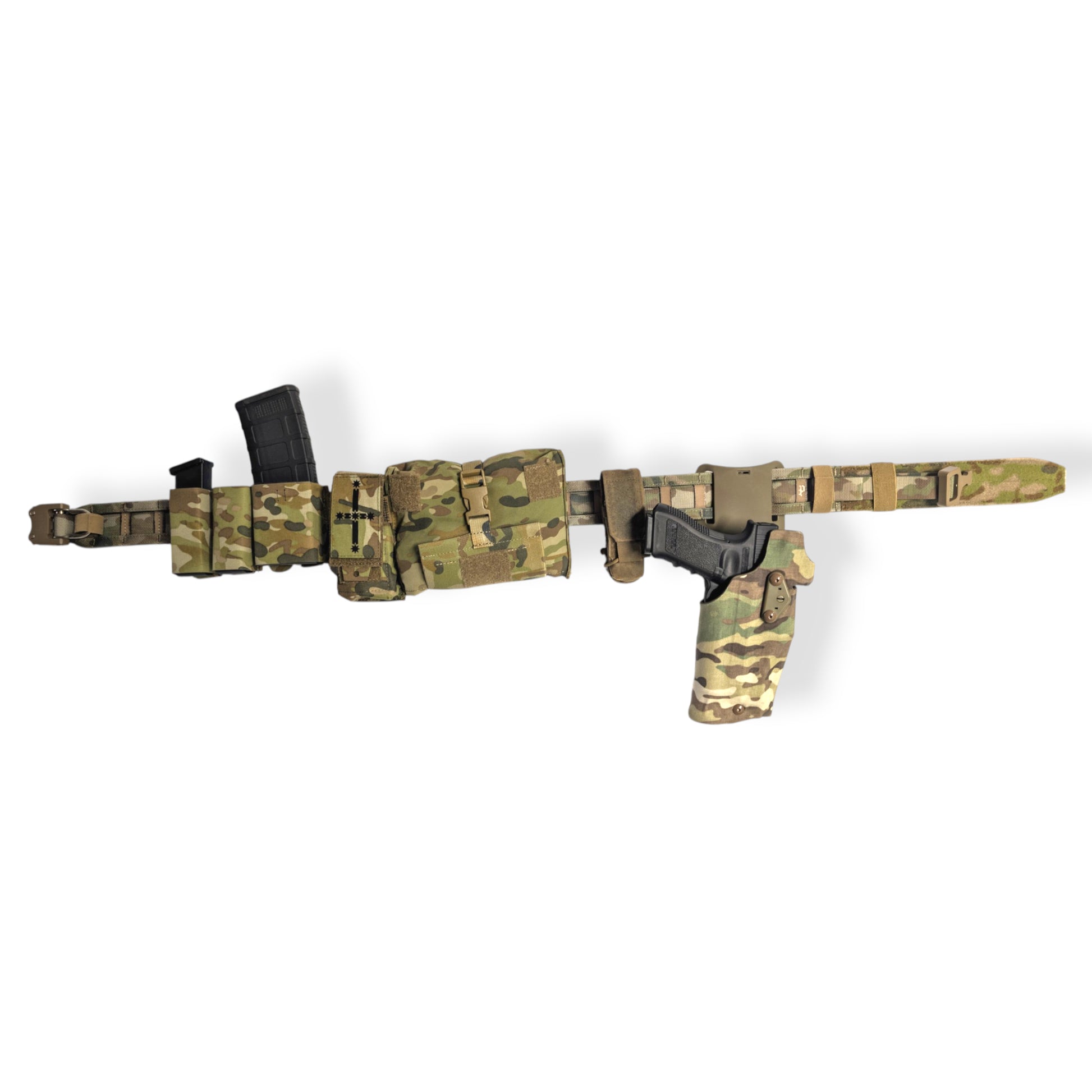 Multicam tactical belt with attached pouches on a white background