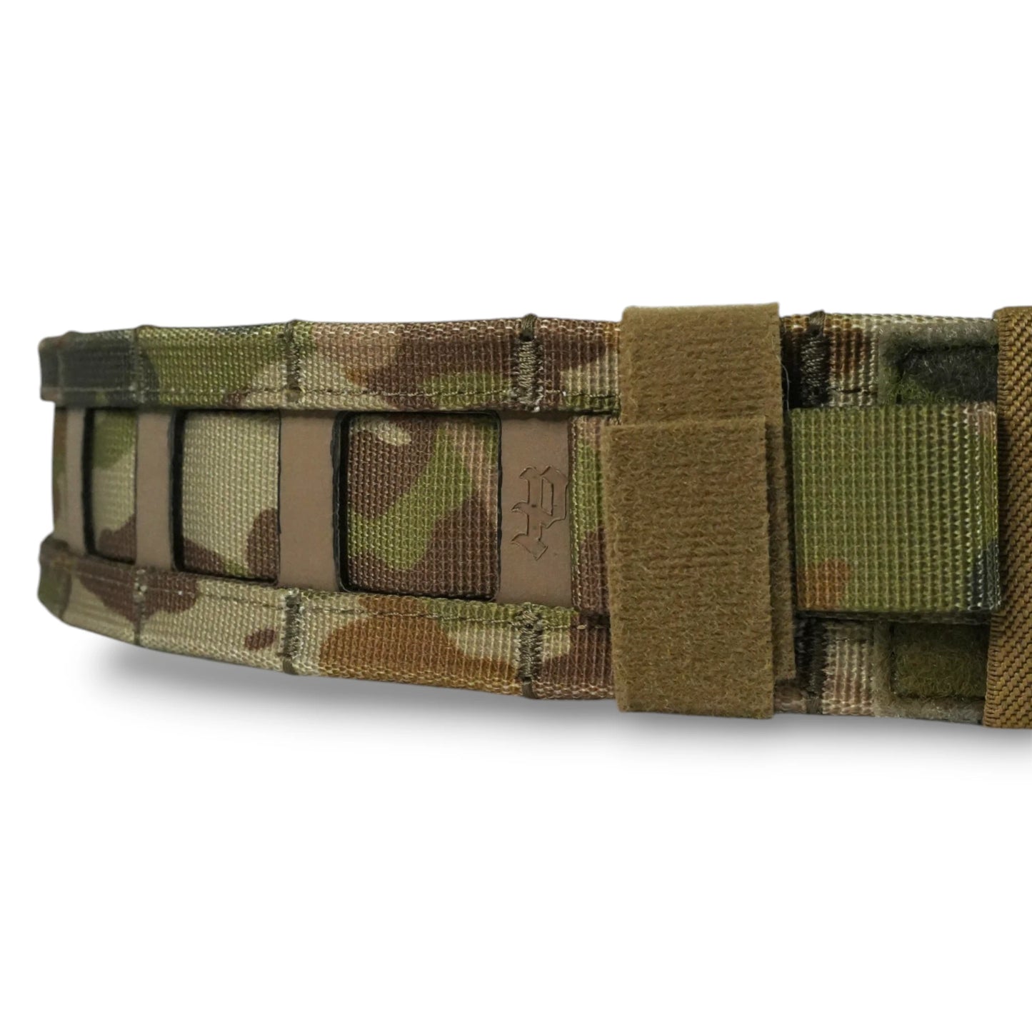 Camouflage belt with a visible brand logo on a white background