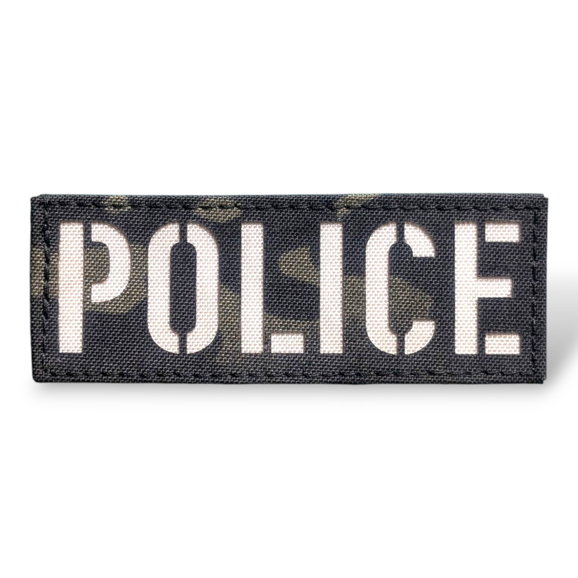 A laser-cut patch with the word 'POLICE' composed of various colors.