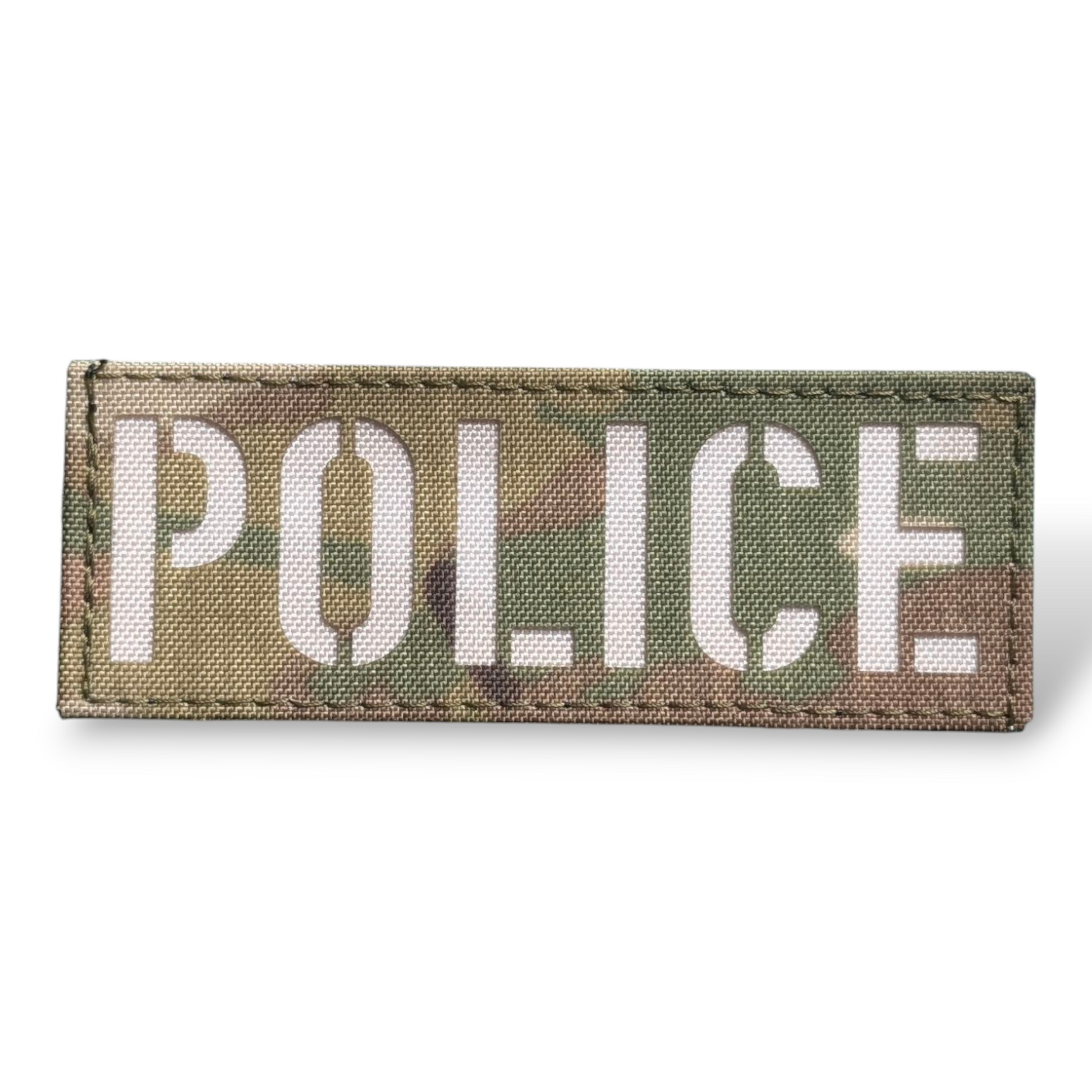 A laser-cut patch with the word 'POLICE' composed of various colors.