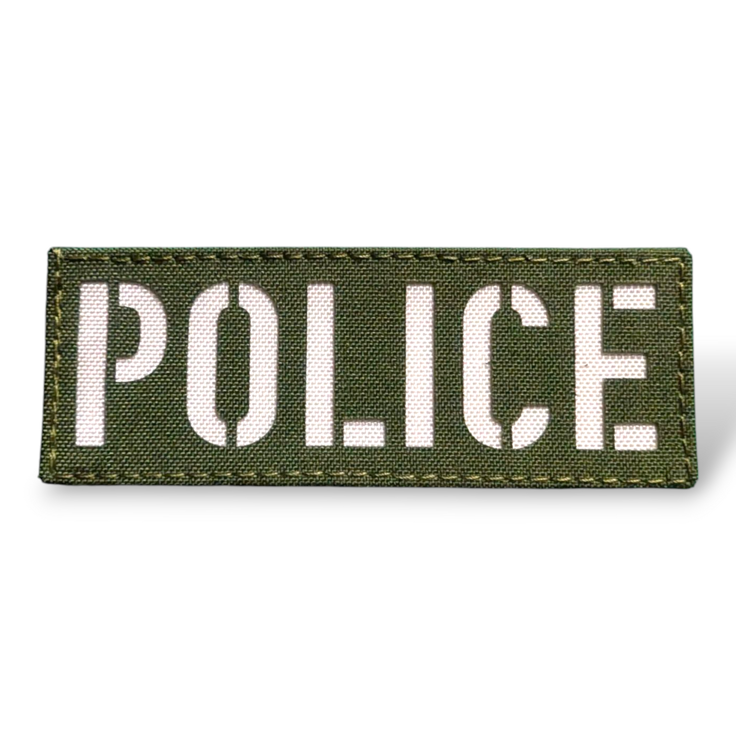 A laser-cut patch with the word 'POLICE' composed of various colors.