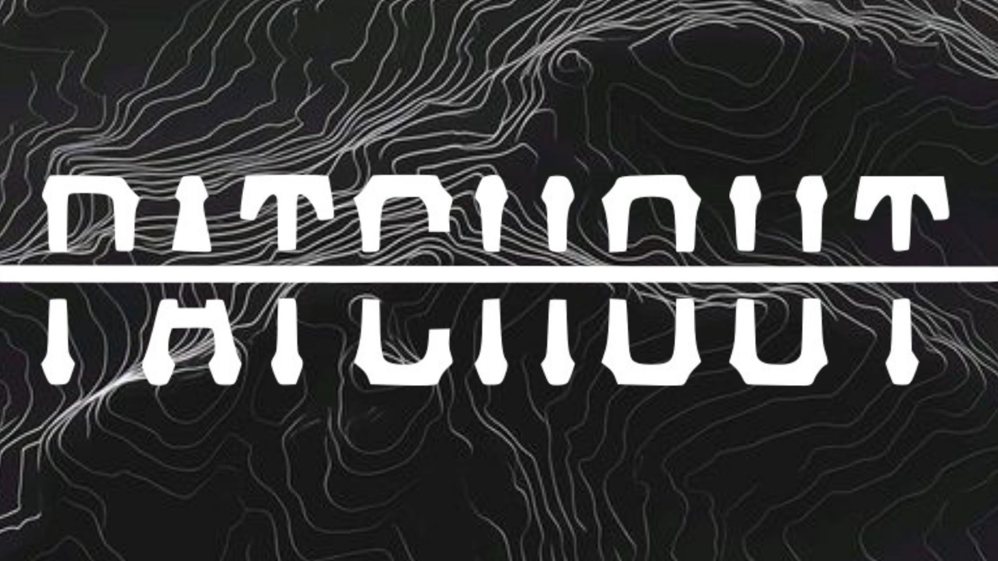 PATCH OUT in white text with a white line throughout on a topographic black and white background. Manufactures of custom patches and tactical Gear