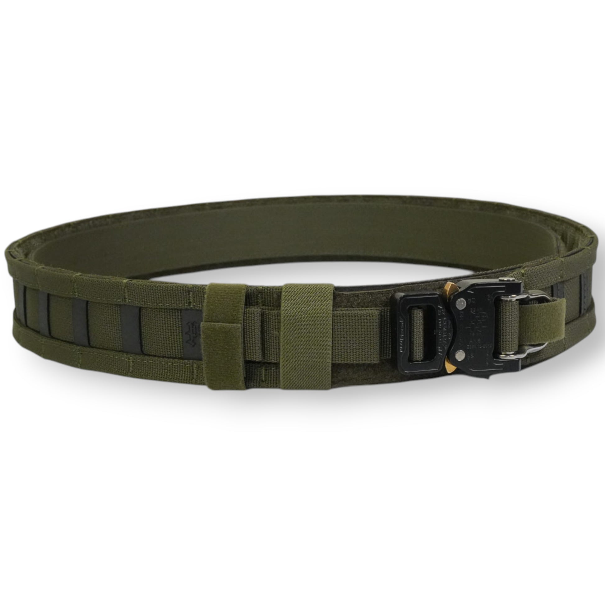 Green tactical belt with a black buckle on a white background